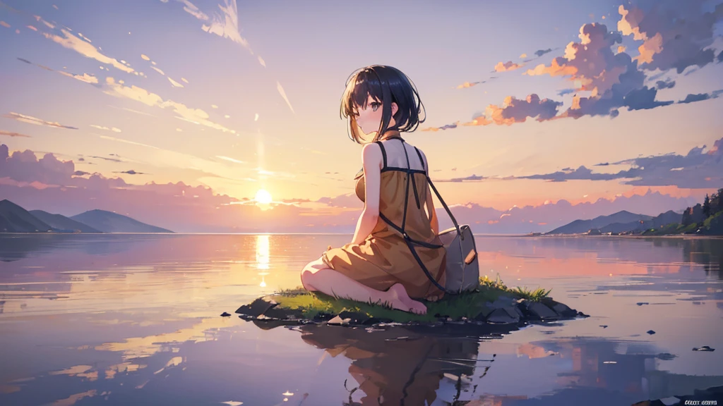 Create a high-quality anime-style scene of a peaceful sunset over a calm beach or field. The sky should be filled with warm golden hues, and a person is sitting or lying down, enjoying the view. Emphasize the tranquility of the scene with soft, warm lighting and detailed reflections.