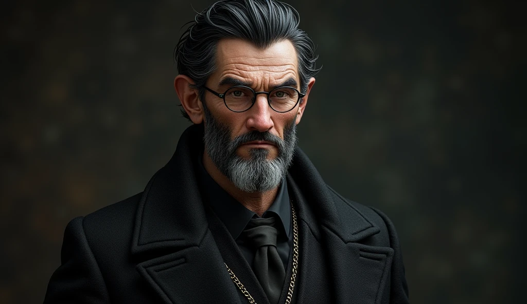 The wise but eccentric uncle, with black hair, good skin, attractive to childrens , dark black background 