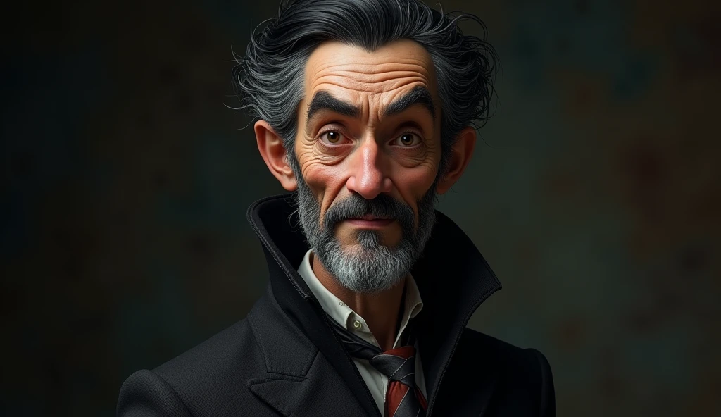 The wise but eccentric uncle, with black hair, good skin, attractive to childrens , dark black background