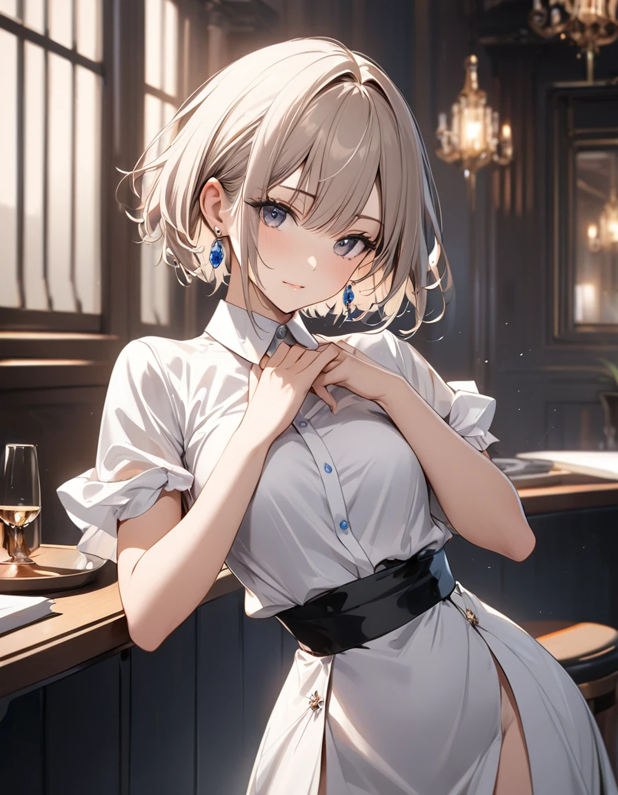 1girl, best quality, beautiful, short hair, 8K, shirt, act elegant pose, hands hide, earrings, perfect body, concept