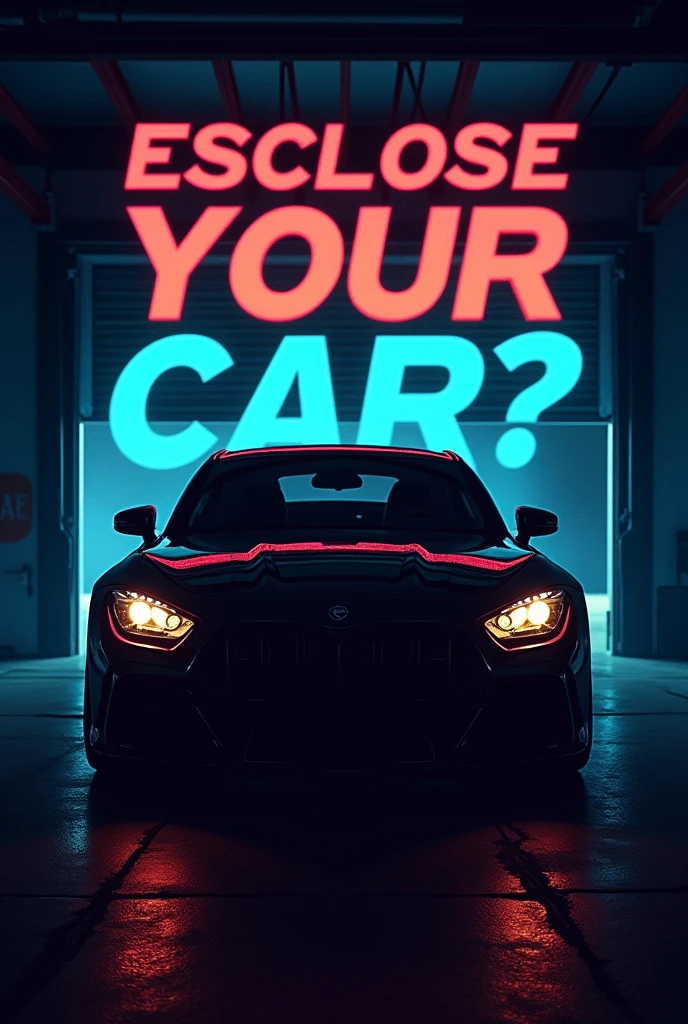 Create a YouTube video thumbnail with the title "Escolha seu carro ?" prominently displayed in bold, dynamic font. The background should feature a stylized garage or urban setting with a partially hidden or silhouetted car to create mystery. The car should be obscured, with only parts like the headlights or silhouette visible, adding to the challenge of identifying it. The colors should be vibrant, with a mix of dark and neon tones to create contrast and grab attention. Include a small circular icon or badge that says "Escolhas!" in a contrasting color. The overall design should be eye-catching, energetic, and convey the excitement of a guessing game.