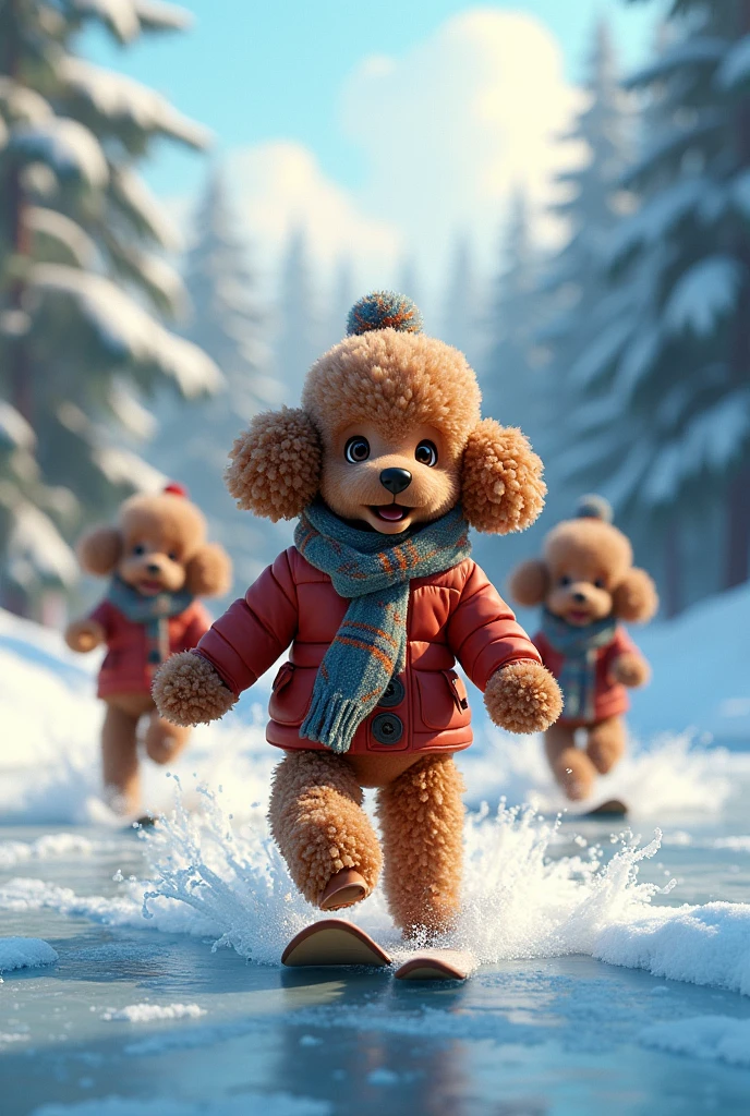brown poodle in harsh winter clothes, couple of brown poodles, frozen lake, skiing and dancing, external cold environment, wonderful forest, couple of poodles in foreground, happy and passionate smiles, image with a slight animated tone, image with a slight realistic tone, picture-perfect, highly detailed