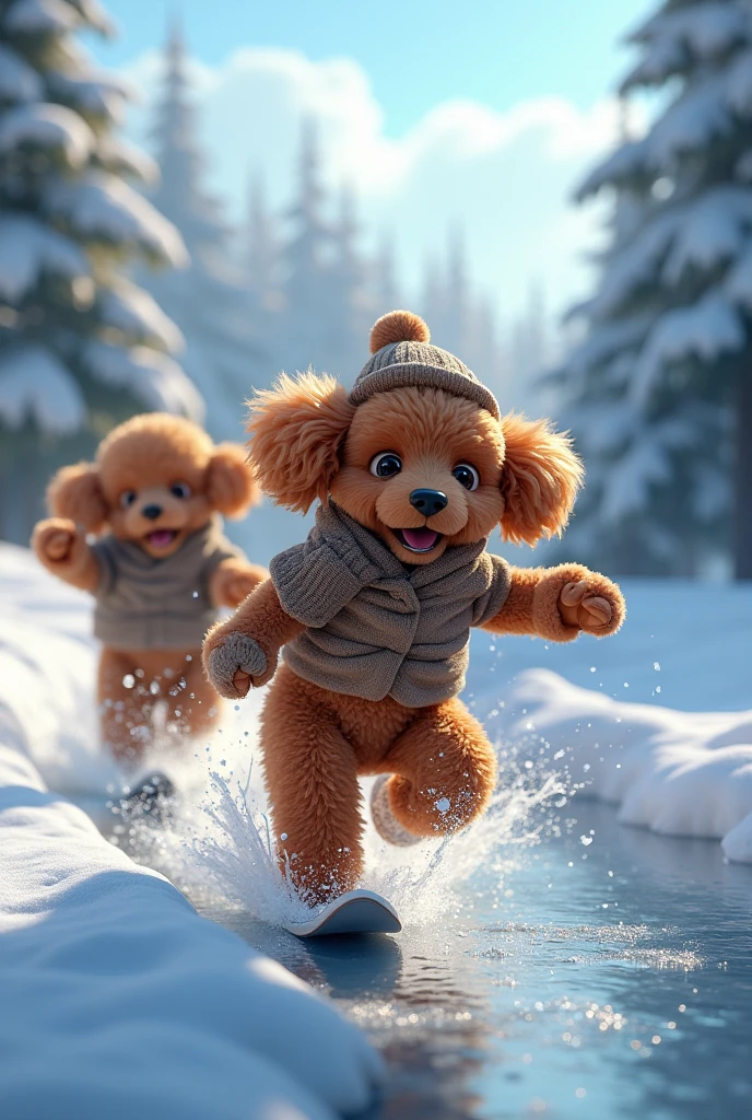 brown poodle in harsh winter clothes, couple of brown poodles, frozen lake, skiing and dancing, external cold environment, wonderful forest, couple of poodles in foreground, happy and passionate smiles, image with a slight animated tone, image with a slight realistic tone, picture-perfect, highly detailed