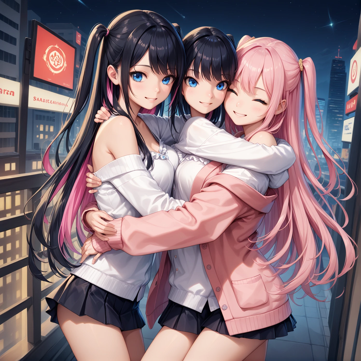 from front, from above,2 girls,((Highest quality)),(masterpiece),(Realistic Shadows),two side up,,Long Hair,(colored inner hair　black hair + pink inner hair),Blue eyes,email,multicolored hair,off shoulder top, frilled clothing, cardigan, mini skirt」,BREAK　in the city, at night, best light,skyscraper,mutual hug,eye contact,smile,closed eyes
