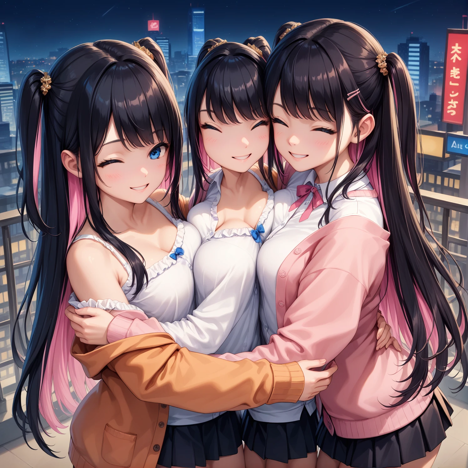 from front, from above,2 girls,((Highest quality)),(masterpiece),(Realistic Shadows),two side up,,Long Hair,(colored inner hair　black hair + pink inner hair),Blue eyes,email,multicolored hair,off shoulder top, frilled clothing, cardigan, mini skirt」,BREAK　in the city, at night, best light,skyscraper,mutual hug,eye contact,smile,closed eyes
