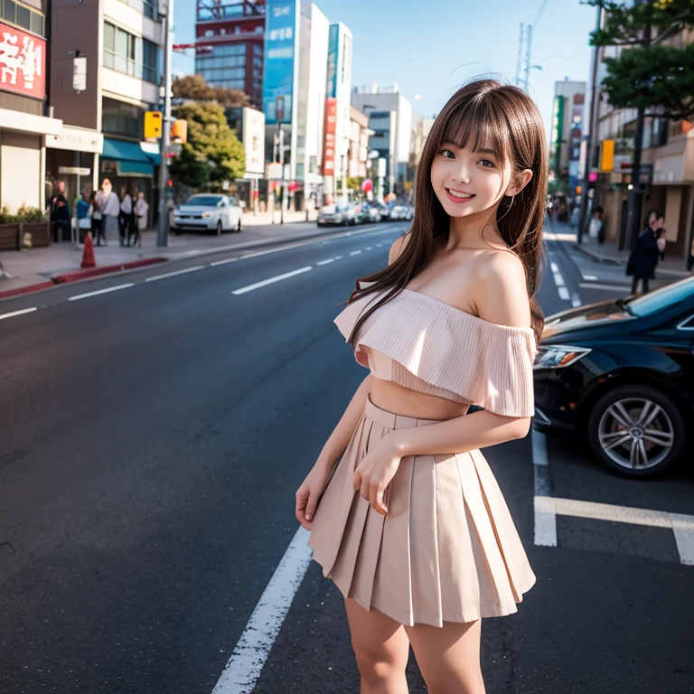 laughing out loud，2，Skirt length above knee,Wearing a white pleated skirt,(knee shot), 1 female, On the face, laughing out loud, light brown hair, blunt bangs, hair behind ears, Shoulder length hair, long hair, Slender body type, 超face slimming型, face slimming, delicate lips, beautiful eyes, Thin blush, Eyes are light brown,Check it out here, (actual:1.3), standing next to the street，The background is Tokyo Tower, One person's perspective, 8k, Super detailed, high quality, best quality, High resolution,，Large Breasts，The breasts are H-cups, Off-shoulder tops，normal two feet