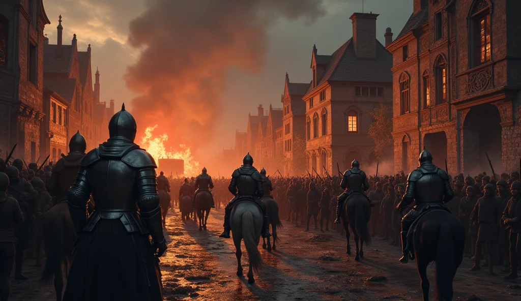 A powerful illustration depicting English troops ravaging a Norman city during the 14th century. The scene is set in the dark of night, with the flickering glow of burning buildings casting an ominous light over the chaos. Soldiers, clad in medieval armor, move through the streets, their faces obscured by helmets, but their intentions clear as they loot homes and drag valuables from crumbling structures. Women and children flee in terror, their expressions frozen in horror, while a group of English knights on horseback oversee the destruction with cold determination. The architecture of the city, with its half-timbered houses and stone walls, crumbles under the onslaught, emphasizing the brutality of the attack. The dark, muted colors, punctuated by the fiery reds and oranges of the flames, create a cinematic and haunting atmosphere. The scene captures the merciless nature of war, rendered in the detailed, evocative style of Edmund Blair Leighton., Surrealism, Hyperrealism, UHD, retina, masterpiece, accurate, anatomically correct, textured skin, super detail, best quality, 16k