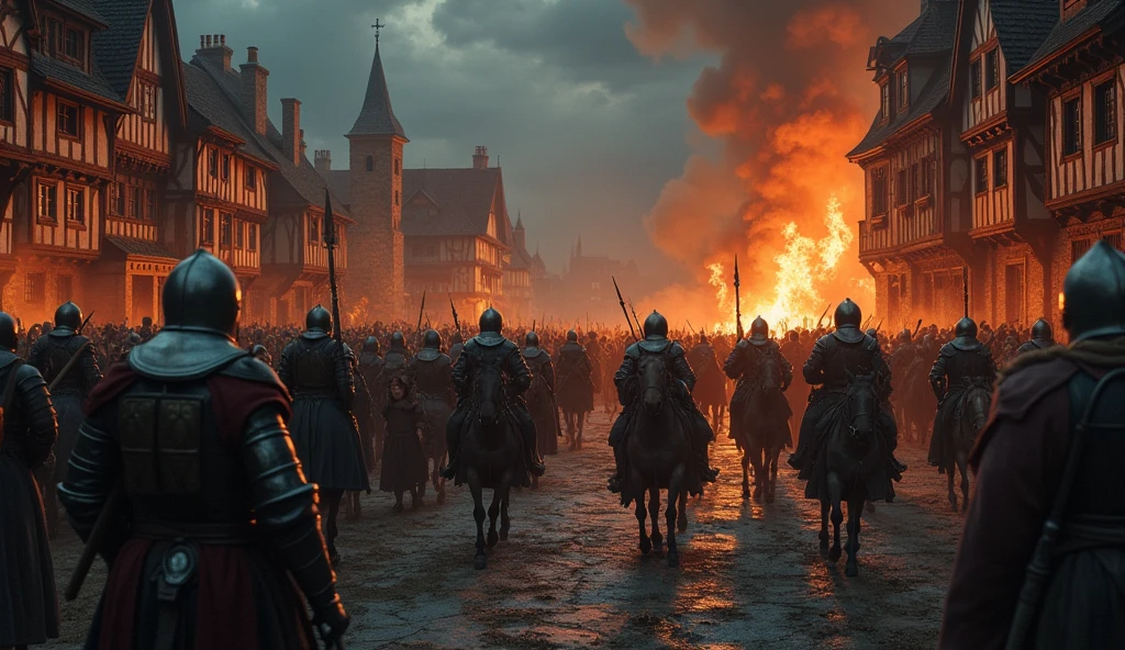A powerful illustration depicting English troops ravaging a Norman city during the 14th century. The scene is set in the dark of night, with the flickering glow of burning buildings casting an ominous light over the chaos. Soldiers, clad in medieval armor, move through the streets, their faces obscured by helmets, but their intentions clear as they loot homes and drag valuables from crumbling structures. Women and children flee in terror, their expressions frozen in horror, while a group of English knights on horseback oversee the destruction with cold determination. The architecture of the city, with its half-timbered houses and stone walls, crumbles under the onslaught, emphasizing the brutality of the attack. The dark, muted colors, punctuated by the fiery reds and oranges of the flames, create a cinematic and haunting atmosphere. The scene captures the merciless nature of war, rendered in the detailed, evocative style of Edmund Blair Leighton., Surrealism, Hyperrealism, UHD, retina, masterpiece, accurate, anatomically correct, textured skin, super detail, best quality, 16k
