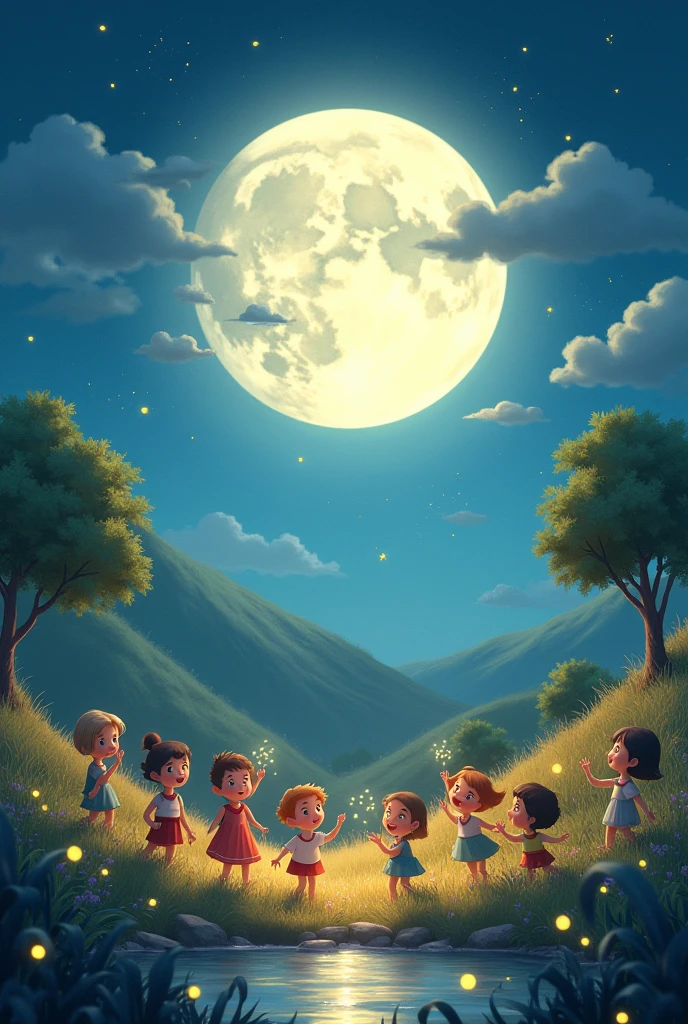 Create me an animated image of an animated full moon with children