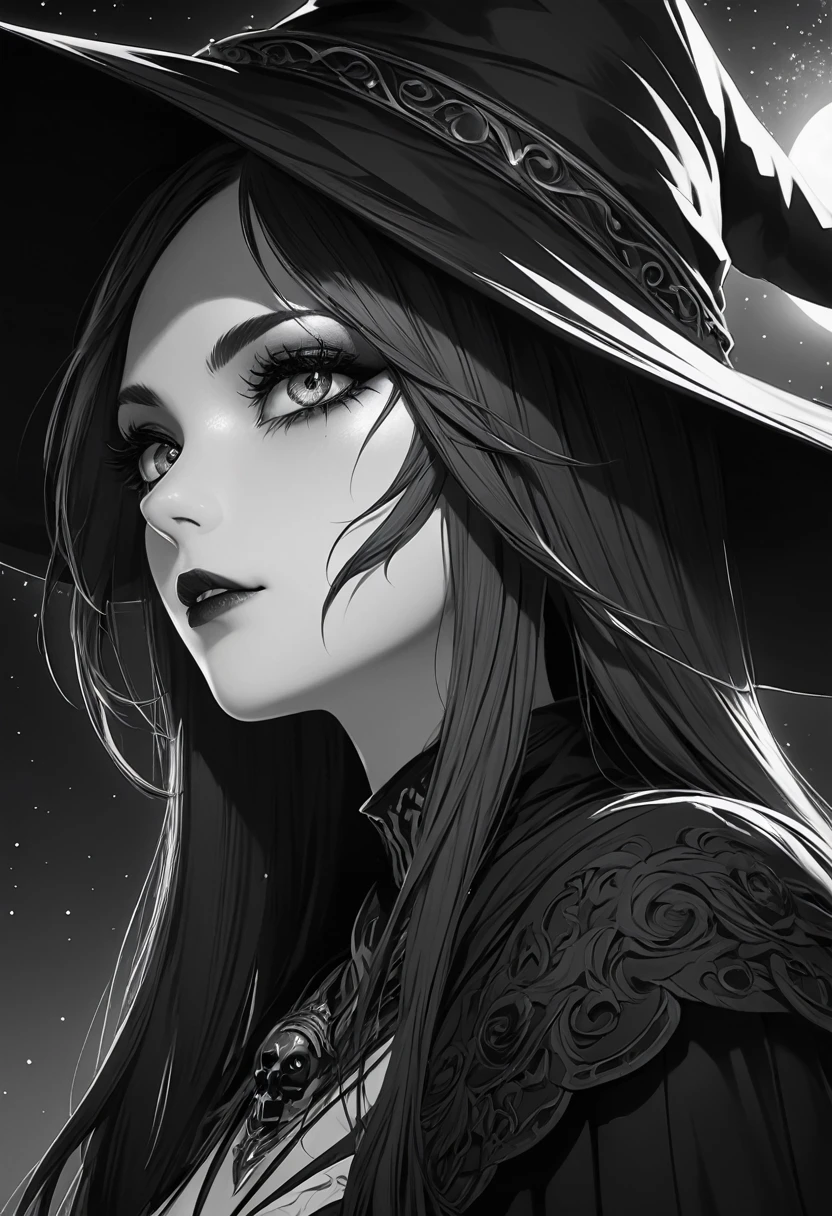 Black and white, monochrome,Side shot,(very detailed CG Unity 8k wallpaper), (masterpiece), (highest quality), (very detailed), (best illustration), (best shadow), (sharp eyeliner, eyeshadow, detailed eyes: 1.1), (skullmake, night sky, :1.1), break,(Wizard of Darkness:1.1)