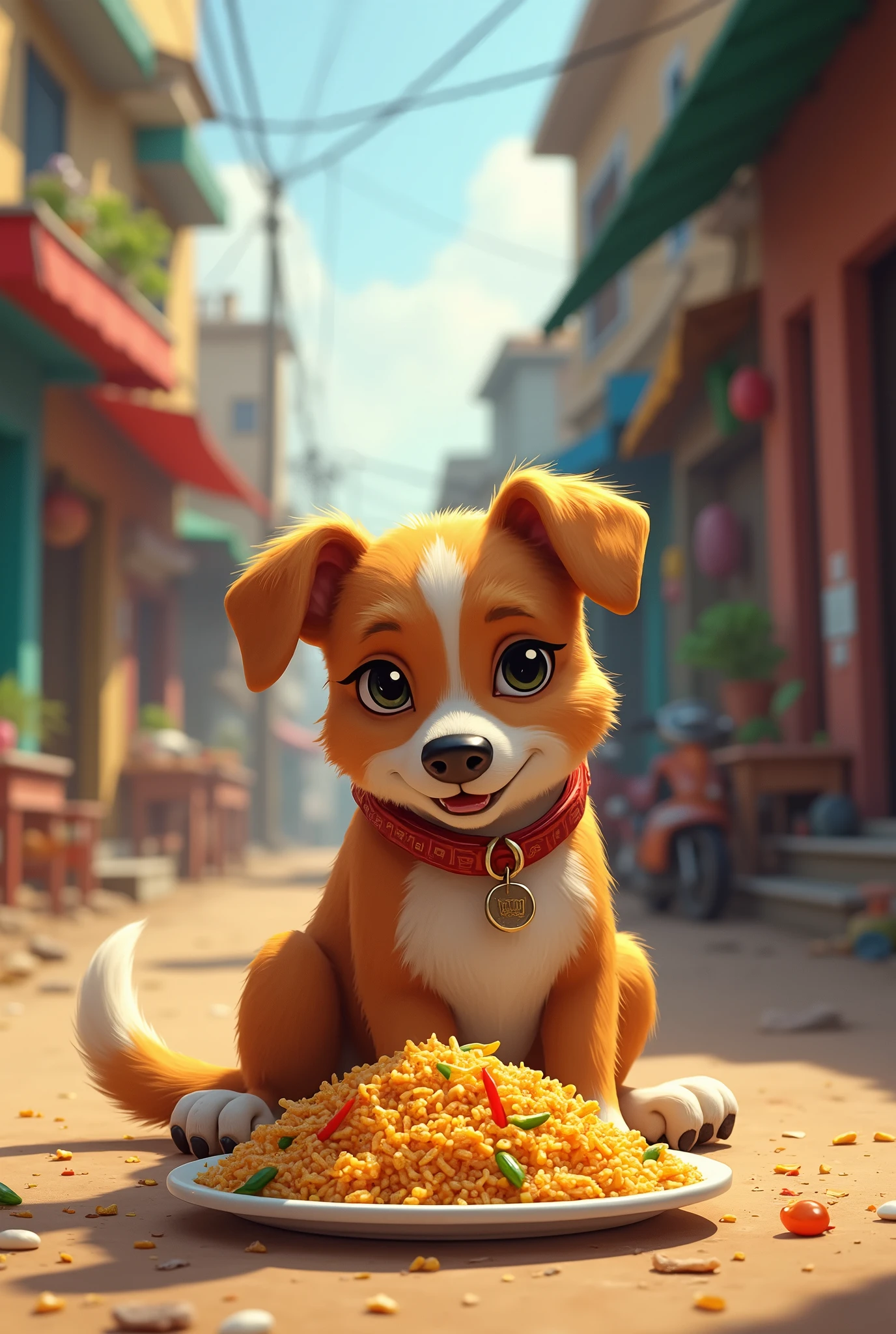 Dog eating fry rice on the indian street near the home