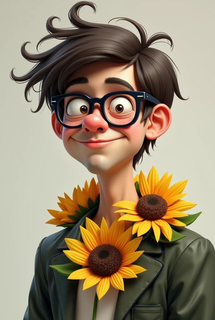 A nerdy man with Tourette&#39;s syndrome wearing a sunflower necklace 