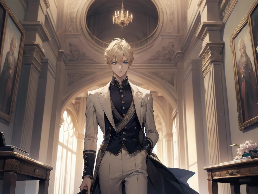 ((Highest quality)), ((masterpiece)), (detailed), The Faceless Prince、Blonde short hair、Smooth Hair、Deep blue eyes、noble、elegant、male、Tall and muscular、Alone、Straight Hair、Office
