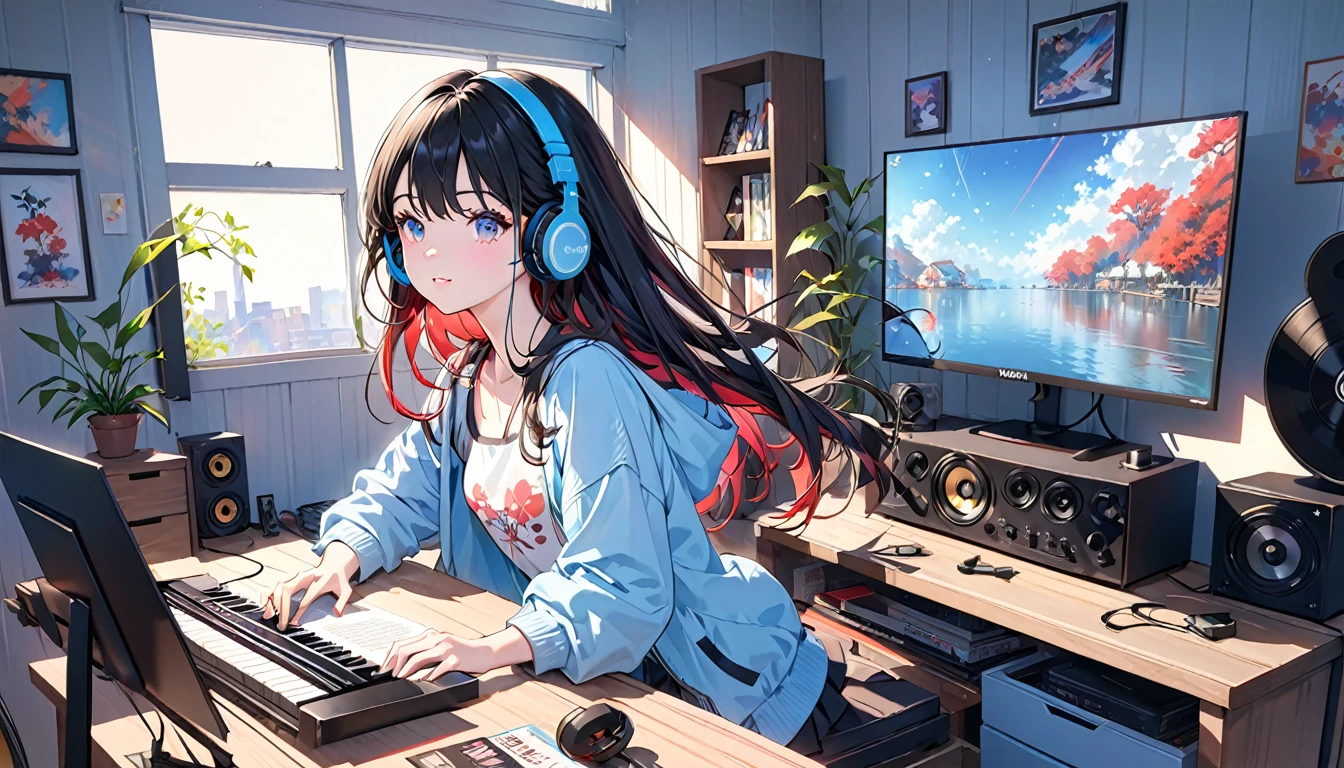 (Absurd:1.1, High resolution:1.1, 超detailed:1.1), 非常にdetailedな, 超detailed hair, (fine grain:1.4), (Shining Eyes:1.3), thin, cute, Perfectly symmetrical face, Narrow waist, 超cute girl, 超cute face, 超cute, so beautiful, Beautiful colors, Hilarious (Yanmar Gauge),From wlop,((Great quality)), (Beautiful feet), (Beautiful Hair), Black Hair, computer, Beautiful Style (Beautiful colors,detailed,Highest quality,Great quality,so beautiful), guitar, Headphones, Tank top, Jacket, Lighting and Shadows(perspective), Lighting Particles, colorful, masterpiece, Very stylish room,night