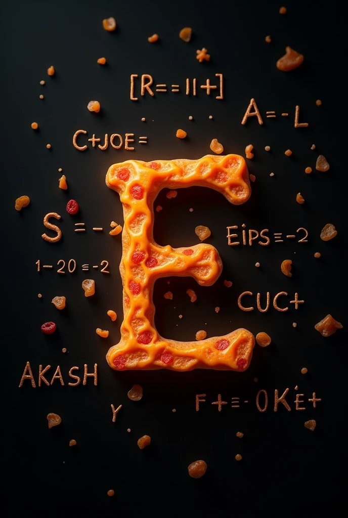 Write Akash in a small font size with e first letter in capital with a ranch dip beside it,in a black background with prominent maths formulae of integration Pixar version