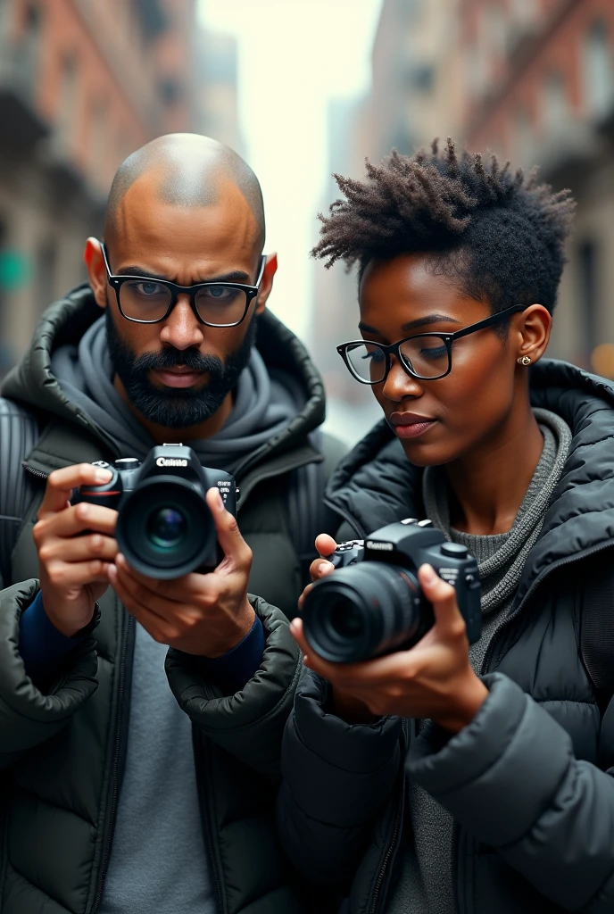 Create a couple of photographers, the white man with glasses and bald with a dark beard, the black woman with glasses and short hair