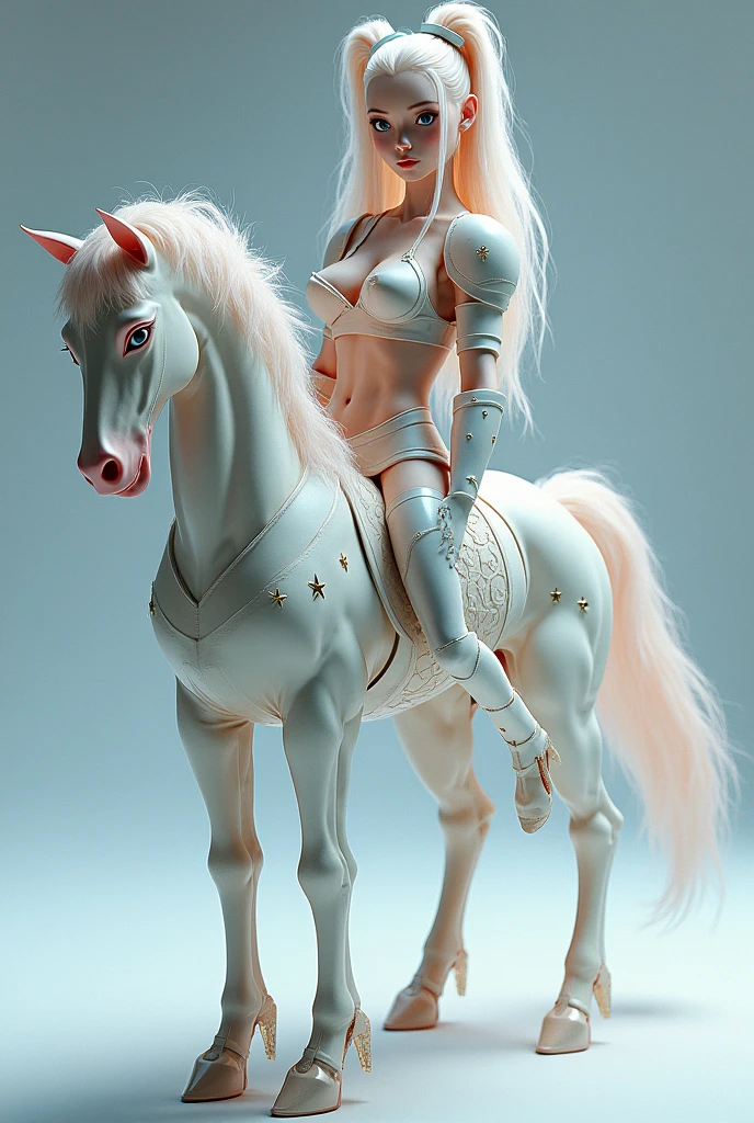 A female centaur,She is famous in the multiverse,She is both a female centaur, half human, half horse, half horse,It is also a female Yingzhao。She blends both images,The first is the head of a horse/neck/Shoulder these parts,After feminization,The upper body transforms into a beautiful female human,Female, half-centaur, half-human, half-horse, half-human,The second is the waist of the horse/hason/gluteal/Legs feminine,Female half-horse with beautiful woman's,Chimer,It's like a female human wearing a half-horse-like costume and making a seamless chimera,This chimerization is based on powerful futuristic technology。The ultra-wide-angle lens captures the image of her beautiful and ethereal wings on the ionosphere launching a super-high-speed charge and leaping。Her front half is distinctly feminine,Tall sexy body,Has K cup teardrop-shaped giant tit chest,It has a small man's waist butterfly spanning long legs,The half-horse part of the hind body,Embedded interface at the hip position。Her horse-shaped part has female physiology and ergonomics on both the half-horse torso and hips and legs。The chest cavity of a woman in the shape of a bent dog style embedded in the lower back position of the beautiful woman's body starting from the upper part of the sternum/lower back/Ventral transverse。Then there are the sexy beauty's upright hips,Her entire body has been completely feminized,Including the half-horse part。Mechanized armor covers the legs with knee-shaped anti-joints and feet,And these parts are highly anthropomorphic,This makes her legs graceful and slender,Her four horse legs exploded in length proportions and was slender and toned,Under the legs are skinny white feet dressed in Skyscraper Heels,Use Midjourney's advanced stroke tools and color palettes, as well as texture packs, model packs, and texture tools,Concentration,Include all parts of her original horse physiology including fur/Waist and abdomen/Hip legs/Leg Capital Feminization,And give these parts a correspon