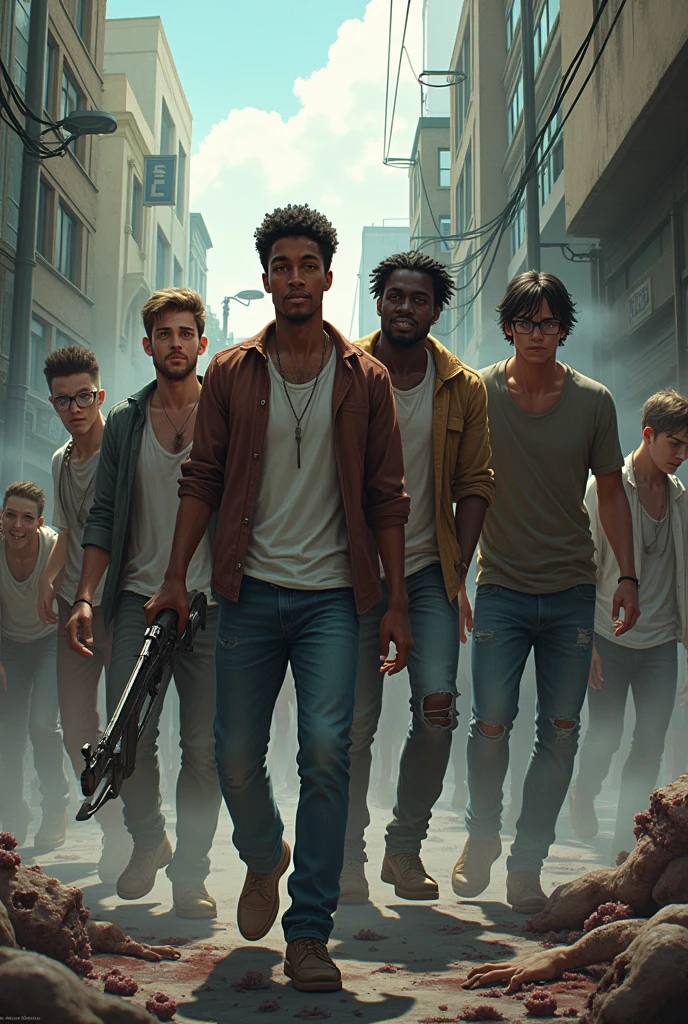 4 friends in a zombie invasion(all men),1 friend must be short with glasses and short hair but not too short,another tall friend with curls and glasses,another tall black friend, medium chubby, straight hair,and another friend of average height,fear.men