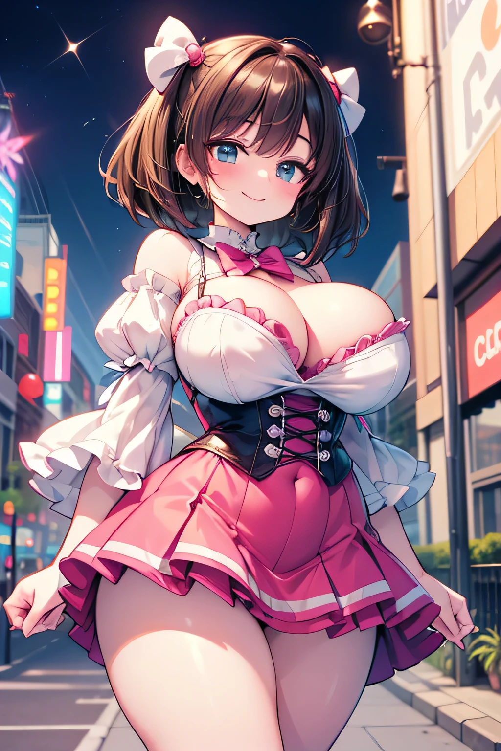 Hentai、High resolution、A busty girl with a plump figure smiles and shows off her sexuality in the downtown area、Pretty Cure、Miku Maekawa、Magical Girl Frilly Skirt Dress、Perfect proportions、Cowboy Shot、Fatty thick legs、Clear eyes