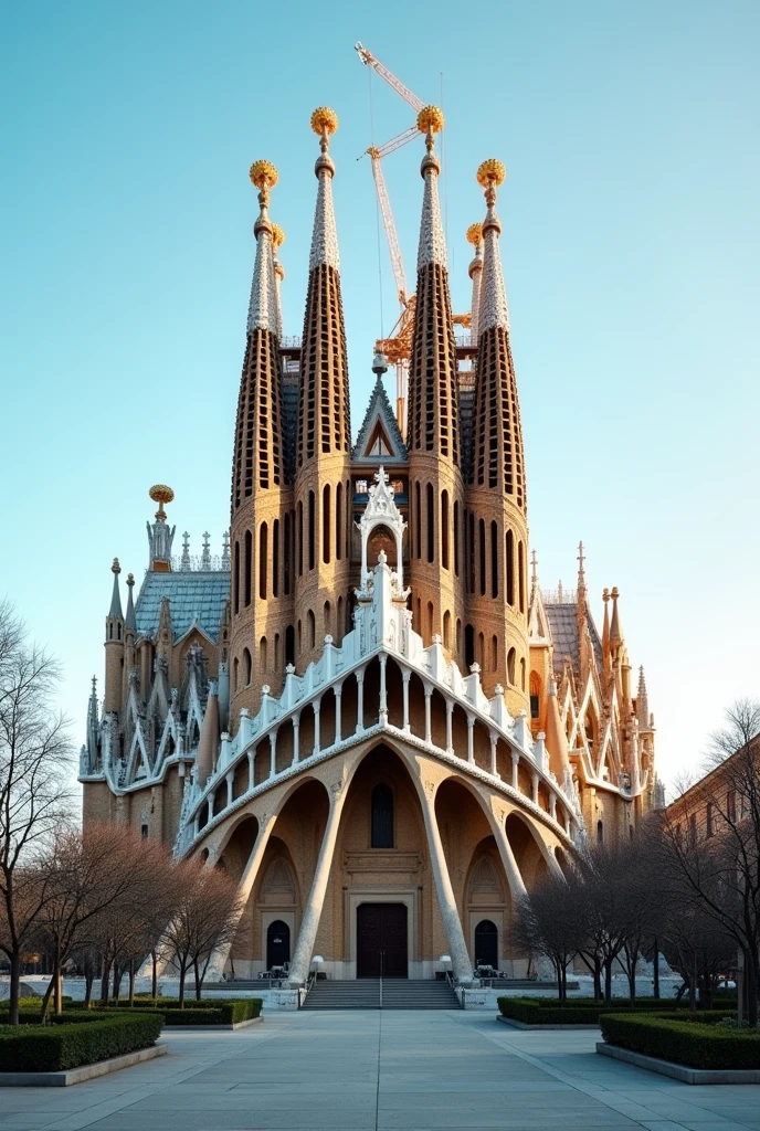 Create an image that looks good in different sizes for social media of a Spanish monument Sagrada Familia, Barcelona so that the ground can be seen and the monument can be seen from the front with a light blue gradient