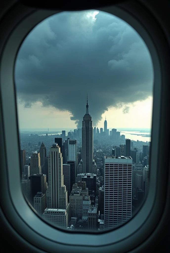 New York and Manhattan in 2047, beautiful scenario sky is full of black clouds, Epic aeroplane Window View