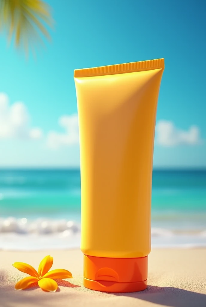 I need you to create a sunscreen container that has summer colors like blue, orange, yellow, and red..
that it is big and creamy