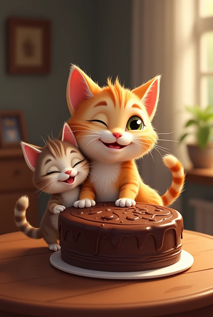 The mother cat and kitten proudly place the freshly baked chocolate cake on the dining table, the aroma filling the room.