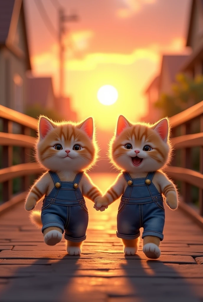 **Prompt:**

Two adorable kittens wearing denim overalls are walking hand-in-hand on a bridge. The sun is setting in the background, casting a warm glow on the scene. The kittens look happy and playful. 

**Additional prompts you could use:**

* **Narrative:** "Two best friends, side by side, exploring the world together."
* **Question:** "What adventures do you think these kittens are embarking on?"
* **Fantasy:** "Imagine these kittens are magical creatures, their overalls holding hidden powers."
* **Humor:** "These kittens are clearly ready to take on the world, one tiny step at a time."
* **Emotion:** "The joy and innocence in their eyes is heartwarming."
