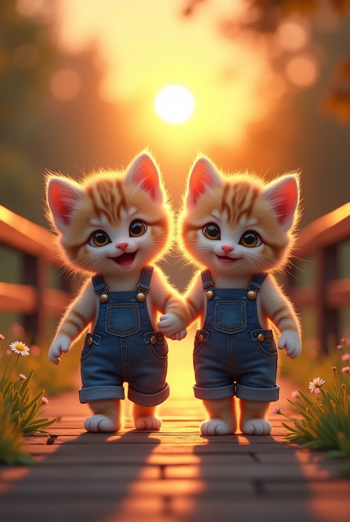 **Prompt:**

Two adorable kittens wearing denim overalls are walking hand-in-hand on a bridge. The sun is setting in the background, casting a warm glow on the scene. The kittens look happy and playful. 

**Additional prompts you could use:**

* **Narrative:** "Two best friends, side by side, exploring the world together."
* **Question:** "What adventures do you think these kittens are embarking on?"
* **Fantasy:** "Imagine these kittens are magical creatures, their overalls holding hidden powers."
* **Humor:** "These kittens are clearly ready to take on the world, one tiny step at a time."
* **Emotion:** "The joy and innocence in their eyes is heartwarming."
