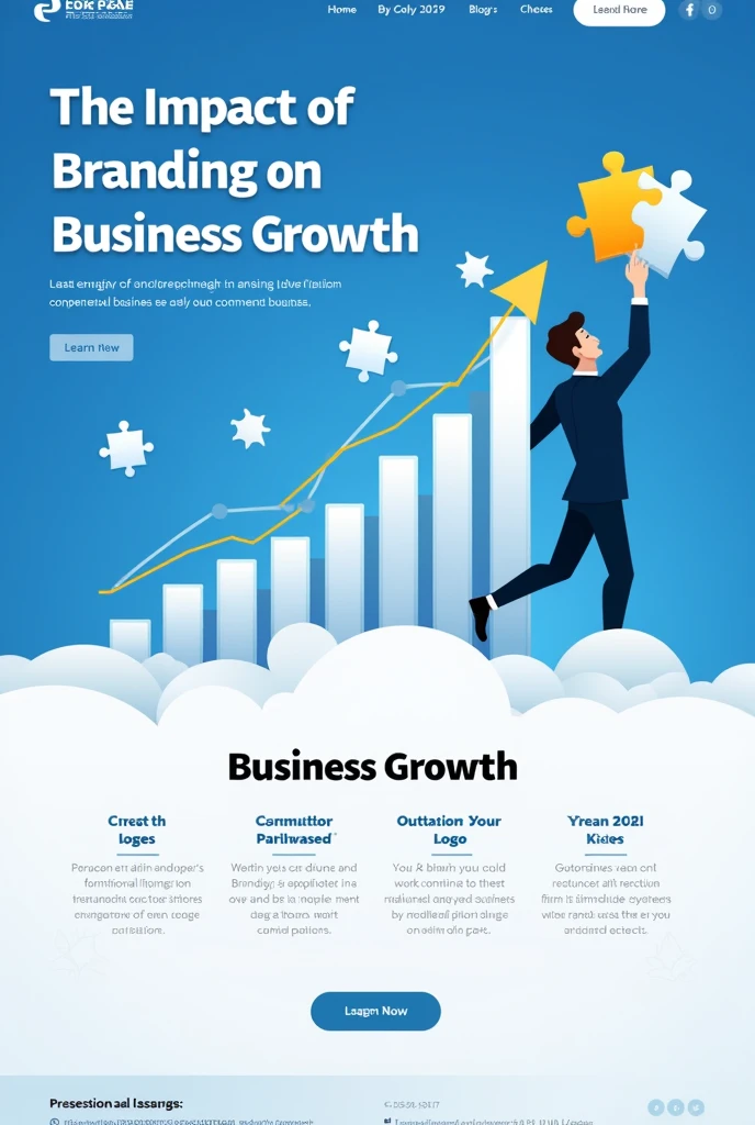 Create a professional blog post design with the title 'The Impact of Branding on Business Growth' prominently displayed at the top. The design should feature a modern, clean layout with a color scheme that includes shades of blue, symbolizing growth and trust. The header should have bold, legible typography. Include visuals such as an ascending graph,  or a puzzle piece fitting into a brand logo to symbolize business growth and the importance of branding. Ensure there is ample whitespace for a clean look, and include a footer section for a call-to-action."