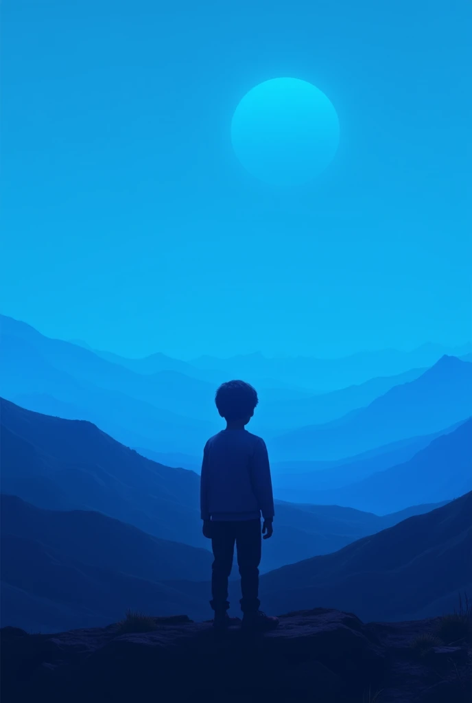 Alone  boy standing upon hills blue neon background 