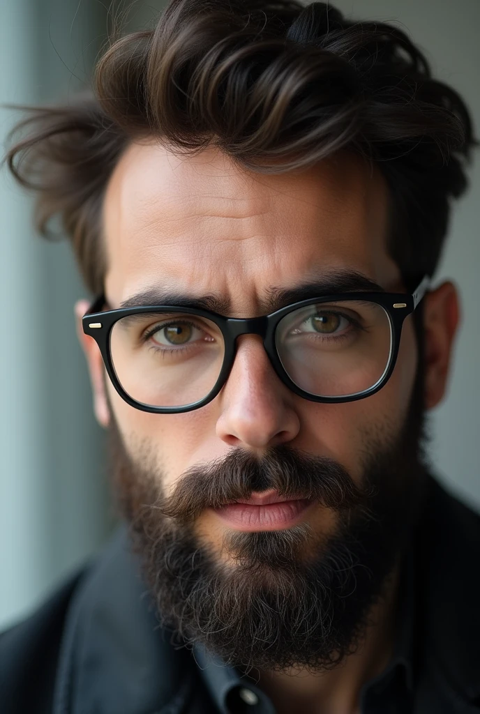 a beard man wearing glasses. Only face