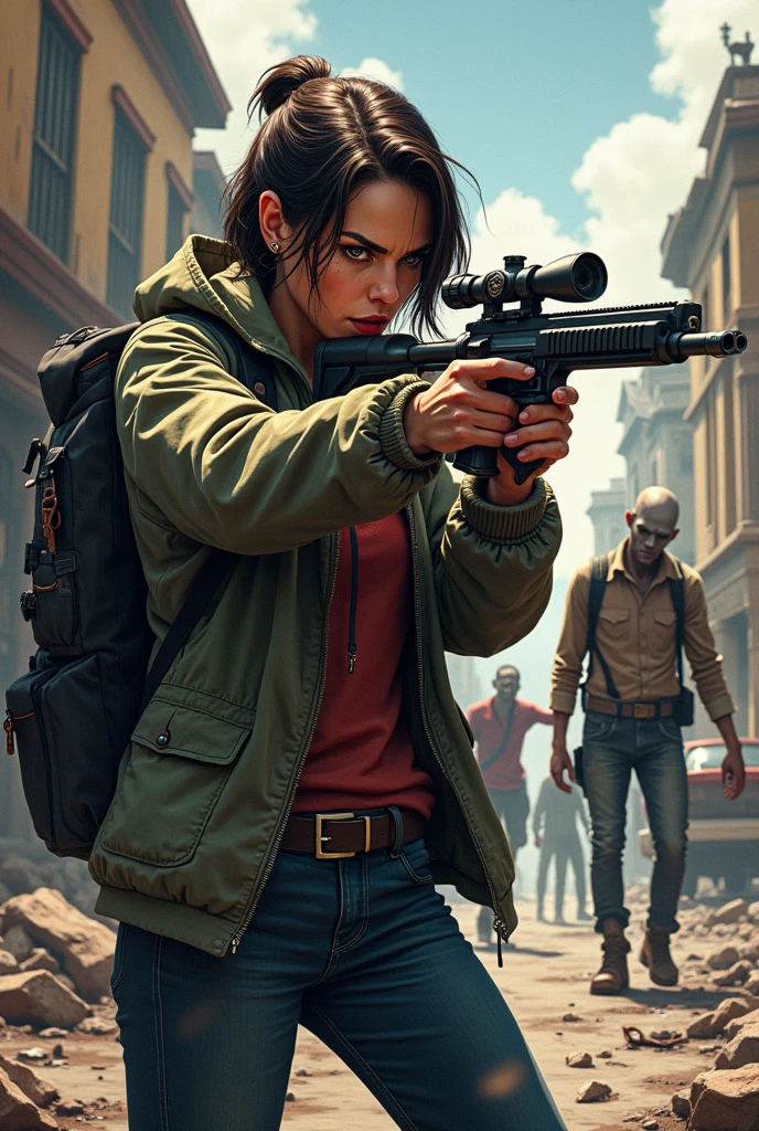 Woman in jacket pointing a gun forward wearing a mavhila on her back zombie apocalypse comic book