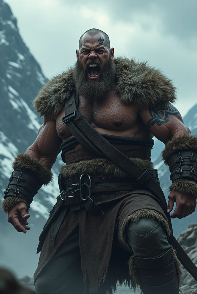 a mega realistic viking screaming with his teeth showing, with a Nordic tattoo around his eye