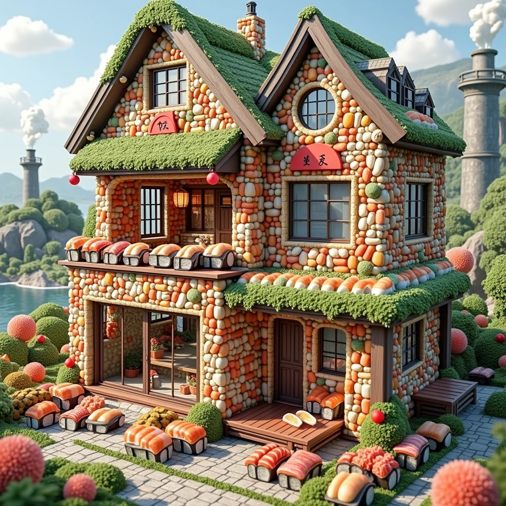 ((masterpiece, 8k, best quality, 8k, super realistic, high resolution:1.3)), realistic house, 2 storey house, 2 meter house, house made of sushi, sushi world, Sashimi in a frying pan, chimney coming out eggs, wasabi world, I cook a lot of rice, walls built of varieties of Japanese sushi, without person, no animals, furniture inside the sushi house.