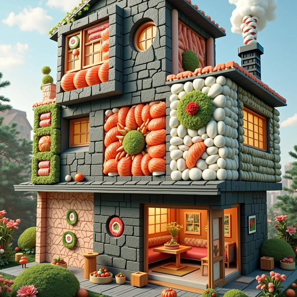 ((masterpiece, 8k, best quality, 8k, super realistic, high resolution:1.3)), realistic house, 2 storey house, 2 meter house, house made of sushi, sushi world, Sashimi in a frying pan, chimney coming out eggs, wasabi world, I cook a lot of rice, walls built of varieties of Japanese sushi, without person, no animals, furniture inside the sushi house.