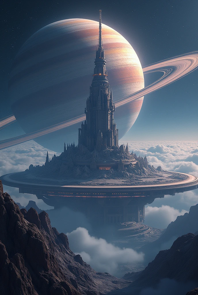 create an image of a ring-shaped planet with a tower in the center
