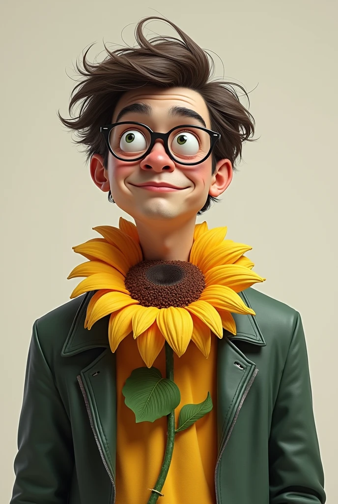 A nerdy man with Tourette&#39;s syndrome wearing a sunflower necklace 