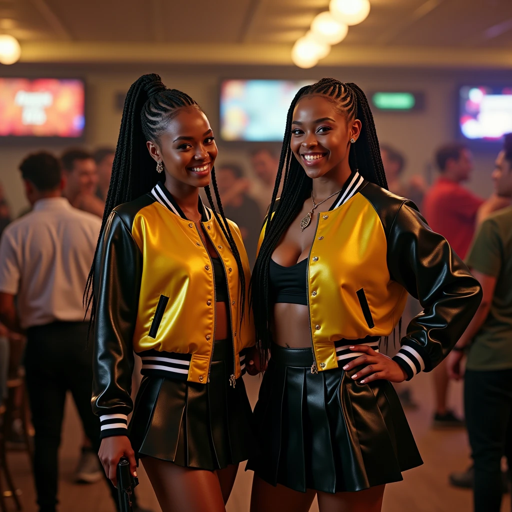wide depth of field, wide depth of focus, f/11 lens setting, all objects in focus, full color image, 2 laughing women holding pistol, holding a pistol, large fraternity house game room, full body image, (two tone yellow and black short cropped shiny satin bomber jackets with white trim, shiny black pleated satin skirt), women posing with a pistol, long flowing hair worn in braids, confidant smile, pure form, intricate details, 8K post-production, high resolution, super detailed, Popular topics on Artstation,, Studio photos, intricate details, Very detailed, she stands in the middle of the room and she is surrounded by a large all male group of cheering young men