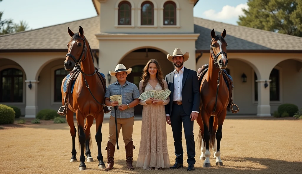 Family at an exclusive horse ranch in Texas: A financially successful family poses with their thoroughbred horses at an exclusive ranch in Texas. The parents are in stylish Western attire, and the children are holding reins and dollar bills, with a luxury ranch house behind them.