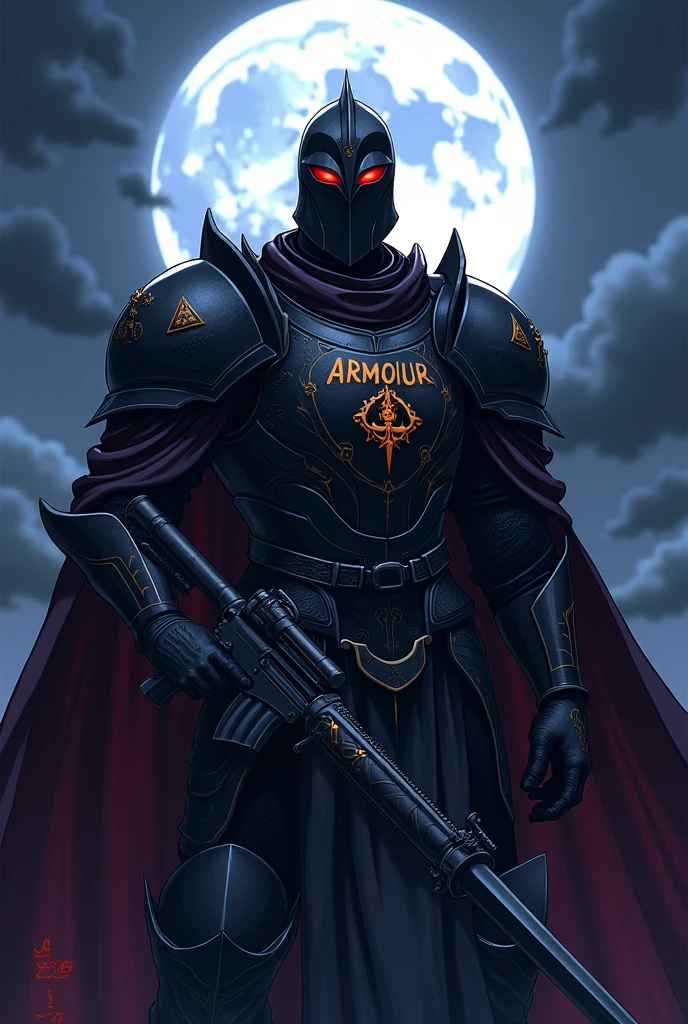 A Knight in a black armour and red glowing eyes and holding gun and looking front  in background night sky moon in anime version on armour write ARMOUR