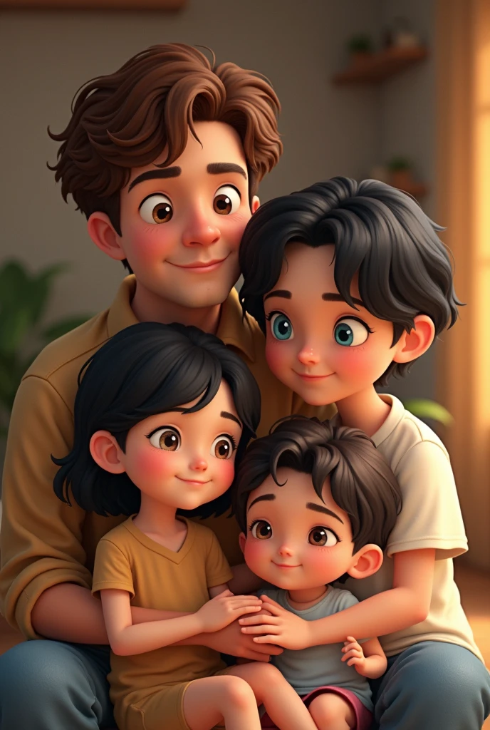 Give me a family that has a brown-haired dad with blue eyes, The black-haired mother with brown eyes and two children, one black-haired with blue eyes and the other brown-haired with brown eyes