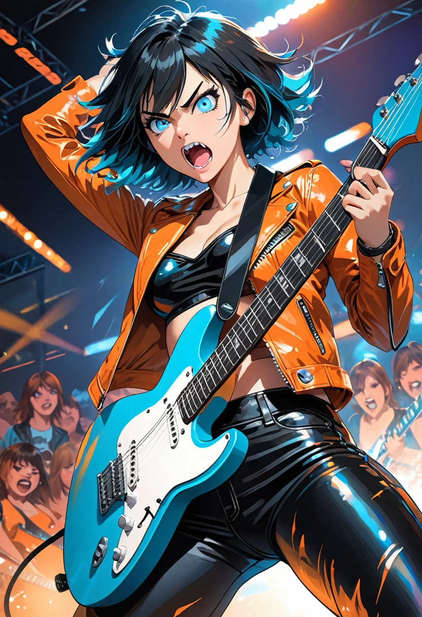 illustration, detailed illustration, ultra detailed, dynamic angle, 20 year old woman, short black hair, hair with cyan streaks, mismatched eyes, orange eye, blue eye, lean, medium breasts, black bikini top, black leather pants, orange leather jacket, playing cyan electric guitar, empty club, stage, dynamic pose, snarl, mean face