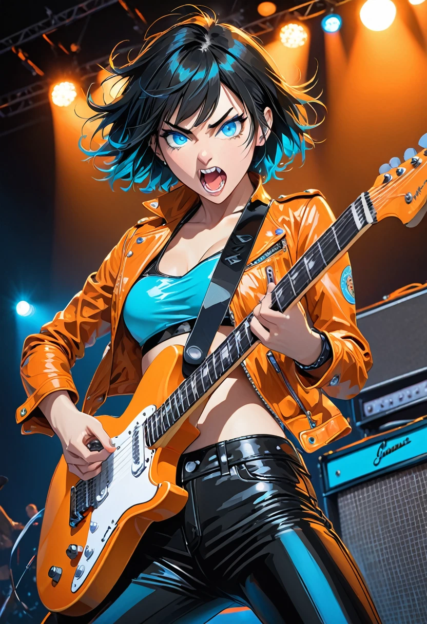 illustration, detailed illustration, ultra detailed, dynamic angle, 30 year old woman, short black hair, hair with cyan streaks, mismatched eyes, orange eye, blue eye, lean, medium breasts, black bikini top, black leather pants, orange leather jacket, playing cyan electric guitar, dark arena, stage, audience, dynamic pose, sneer