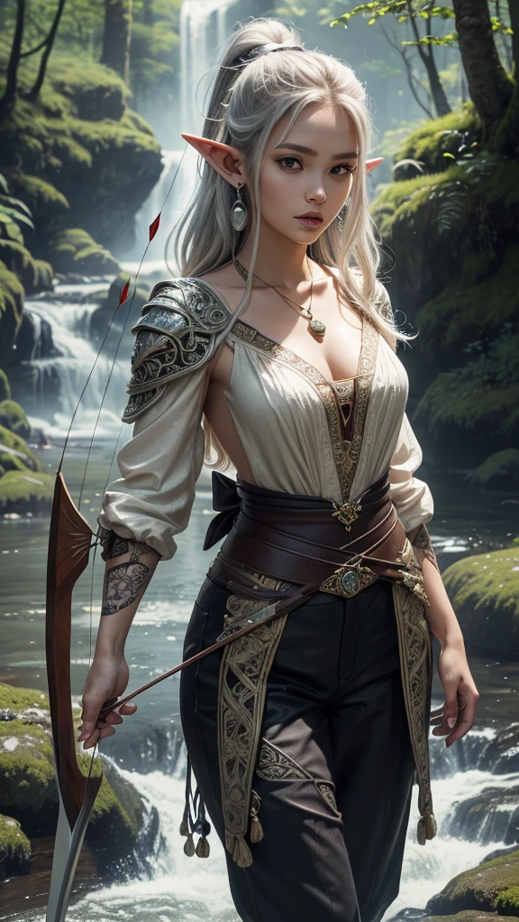 (4K,8K, ultra HD, very detailed,intricate detail , masterpiece,high resolution, perfect anatomy:1.4), 1 girl, (Female Elf, pointed ears), (pearl white skin:1.1),(high detail, middle, awesome silver hair, floating, moving, updo),(image from head to knee, dynamic posture, dynamic shot), detailed eyes, detailed lips, attractive medium beasts, (she is the elf hunter, detailed clothes, ancient design outer and pants, leather light weight armor, earrings and pendant ), (ancient items, fantasy, (ancient products ,( intricate designed bow and arrows)), intricate decorated), seductive woman hunter, ancient magician outfit, fantasy, goodness, holy, (high detail, rich in nature, The forest is abundant in nature, Rich in greenery, great waterfalls, background),