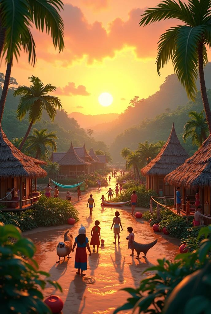 Dawn in an Amazonian village, Pixar style drawing