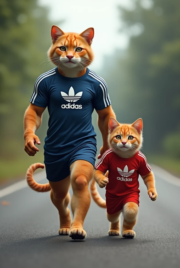Cat and its cub are walking on the road the body of cat and its cub is very muscular and their wearing the shirt of Adidas