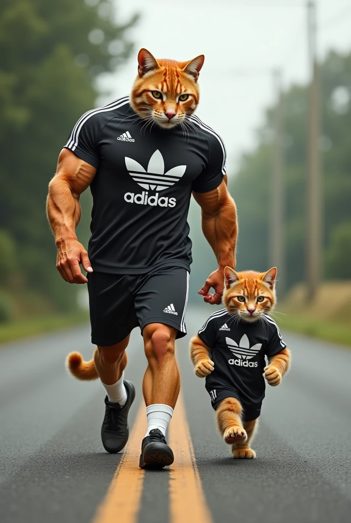 Cat and its cub are walking on the road the body of cat and its cub is very muscular and their wearing the shirt of Adidas