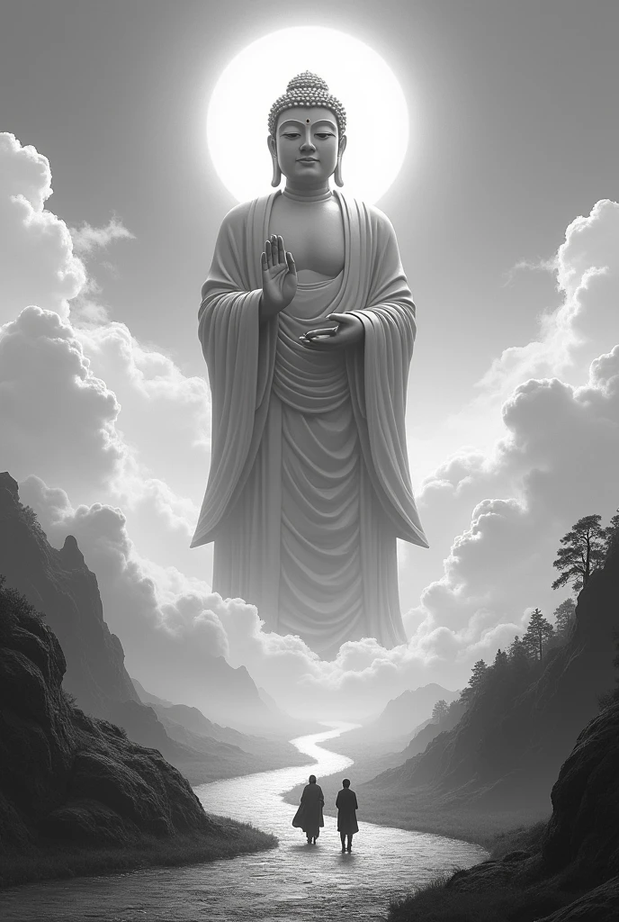 ((Masterpiece)),(Best quality)),China-style,In the sky, Clouds form a huge statue of Maitreya Buddha,Gaze at the earth,Standing Buddha statue,with light glowing,Glow effects,Pilgrims on the road,Hyper-realistic,Ultra photo realsisim,Real Photographics,8K,High definition,high qulity,Works of masters,super-fine,Chinese black and white ink style,(((white colors))),Decolorization,Smudge,ink,8K,super-fine,high qulity,(((OC renderer)))