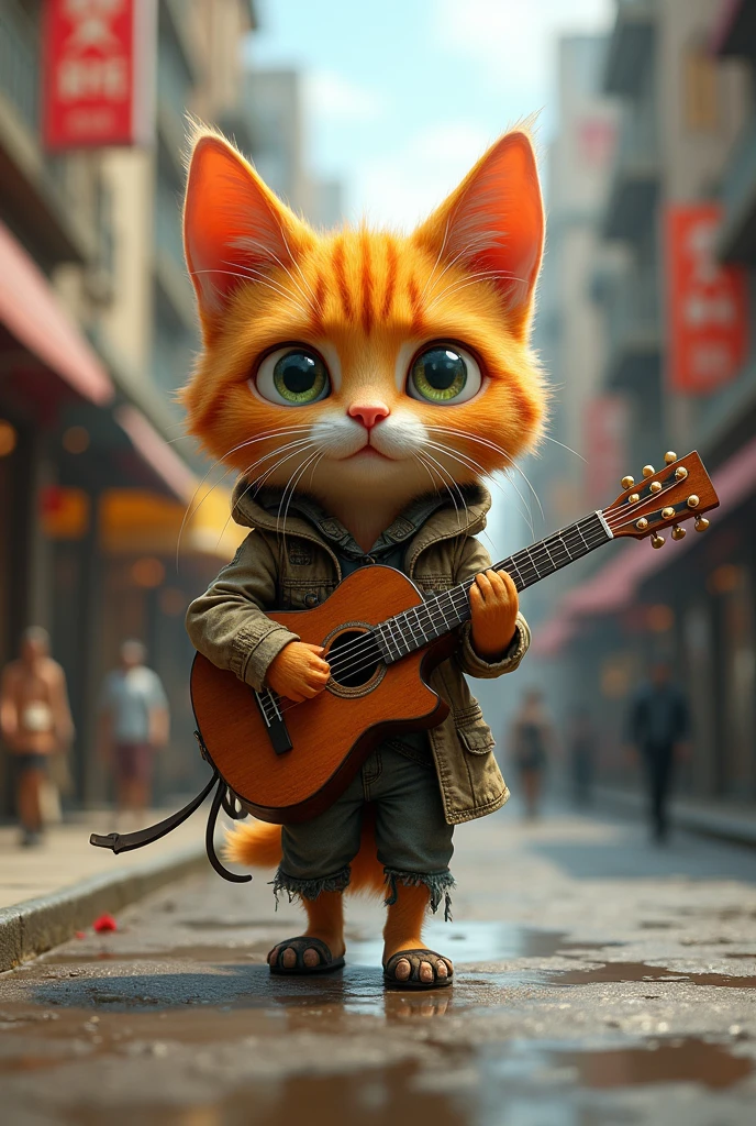 A cute close-up of an orange cat wandering around the city., kitchen, (Kinetics: 1.2), complicated details, ((A cat is walking along the roadside.)) ,Two-legged standing,Torn clothes, Walk on two legs,sad,Guitar Hold,Play Music